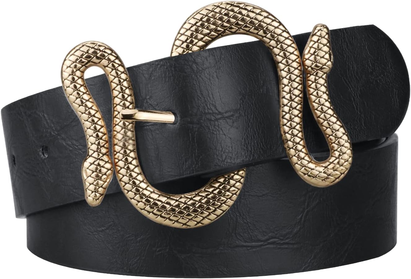 Alphyly Neries Snake Belt, Women's Black Faux Leather